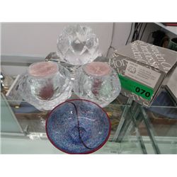 Three new crystal candleholders & a small dish