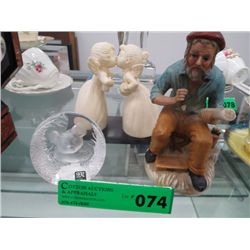 Two statuettes, 5" tall and a crystal paper weight