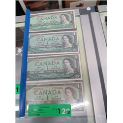 4x 1954 Canadian  one dollar bills