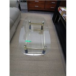 Coffee table, two end tables, brass & glass top