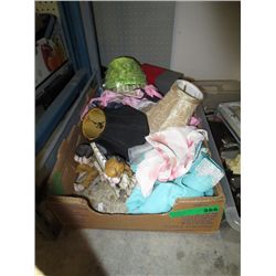 Tray with assorted lamp shades, aprons, etc.