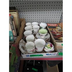 Tray of china mugs and saucers