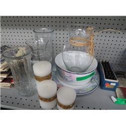 Serving bowl, plate, candles and vases
