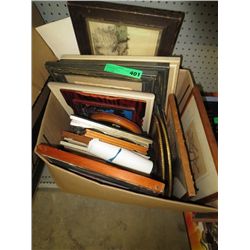 Box of vintage framed pictures and drawings
