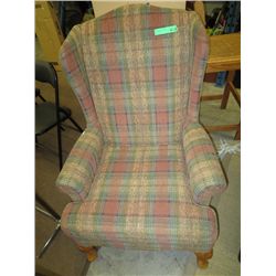 Upholstered rose plaid wing back chair