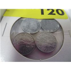 WW II Nazi German zinc coins, lot of 4 coins