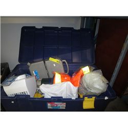 Tote containing assorted tools and shop goods