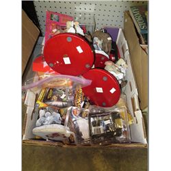 Tray of game cards and plaster Christmas statues