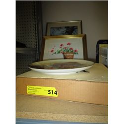Framed watercolours and a collector plate
