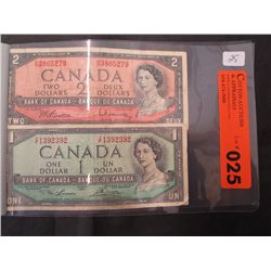 Two old 1954 Canada bills