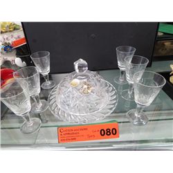 Pinwheel crystal butter dish & 6 sherry glasses