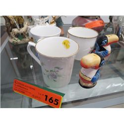 Three bone china mugs & china salt & pepper