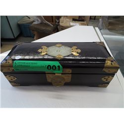 Enameled carved jade jewelry box & contents
