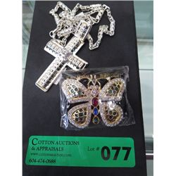 Metal cross 3" x 2" & Rhinestone butterfly brooch