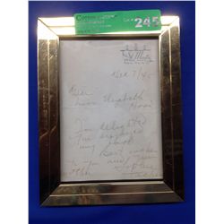 Sophie Tucker Framed Personalized signed note