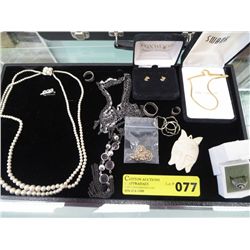 Tray of costume jewelry & silver rings