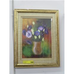 Still life of pansies, double matted and framed