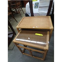 Pair of bamboo nesting tables, one missing glass
