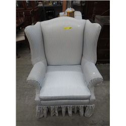 Upholstered wing back chair - blue & white stripes
