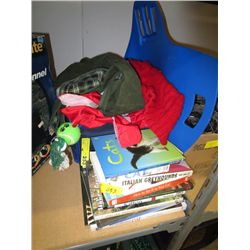 Assorted pet toys, books and clothes