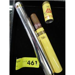 Cigar holder with Monte Cristo cigar in tube
