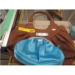 Brown Guess hand bag and Blue Bijoux evening bag