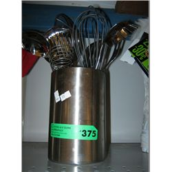 Stainless steel container with kitchen utensils