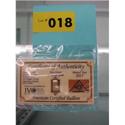 .999 solid gold bar with certification