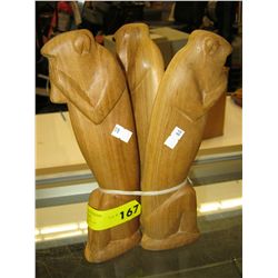 Three carved wooden monkeys 10" tall