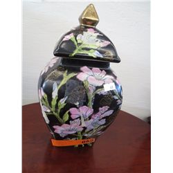 Glazed lidded urn 12" tall 7" dia.