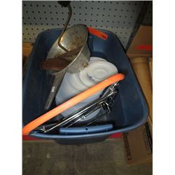 Tote containing dishware, vintage ricer, etc