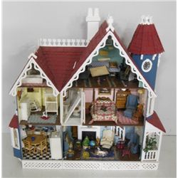 Wooden painted doll house with accessories