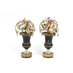 Pair paint decorated lamps with porcelain flowers