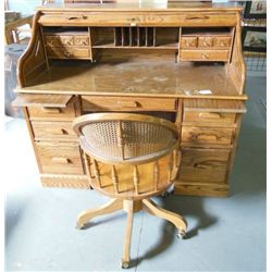 "S" oak roll top desk & matching desk chair