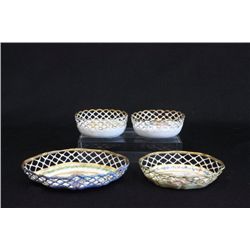4 early porcelain open reticulated small dishes