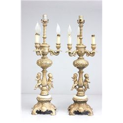 Pair white metal 3 arm lamps