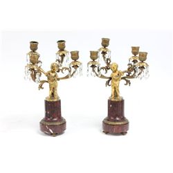 19th c. Pair Bronze & Marble Figural Candlesticks