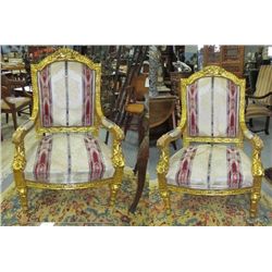 Pair giltwood carved open arm chairs