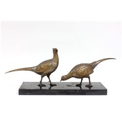 Pair of Bronze Pheasants Mounted on Marble Base
