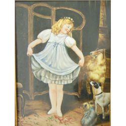 20th c. Painting on porcelain 'Girl & 3 Dogs'