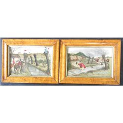 Pair English etchings in Birdseye maple frames