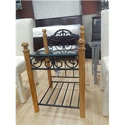 END TABLE - PINE & WROUGHT IRON WITH GLASS TOP - NEW