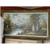 Image 1 : LARGE GUILDED FRAMED ORIGINAL OIL ON CANVASS - RIVER & MOUNTIANS - SIGNED