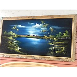 LARGE WOOD  FRAMED BLACK VELVET - LAKE SIDE EDGE