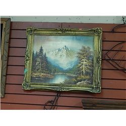 SMALL GUILDED FRAMED ORIGINAL OIL ON CANVASS - RIVER &  MOUNTIANS - SIGNED