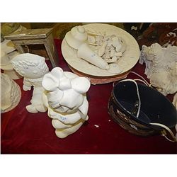 LOT OF ASSORTED FINISHED/UNFINISHED BAKED CERAMICS - 2 BENCH FULLS