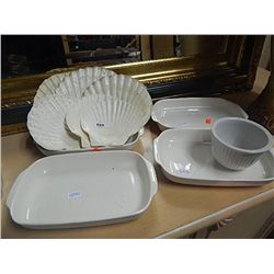 WHITE SERVING DISHES & LARGE SCALLOP SHELL PLATES AND OTHERS