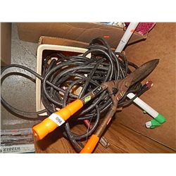 LOT OF LITE BULBS, PRY BAR & TRIMMER, EXTENTION CORD, GARDEN SPRAYER, DESIGNOR BLACK BOWL, CUPS & SA