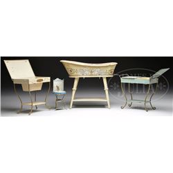 FOUR GERMAN TIN PAINTED BATH RELATED ITEMS.