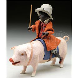 FINE GERMAN BLACK YOUTH ASTRIDE A GRUNTING PIG.